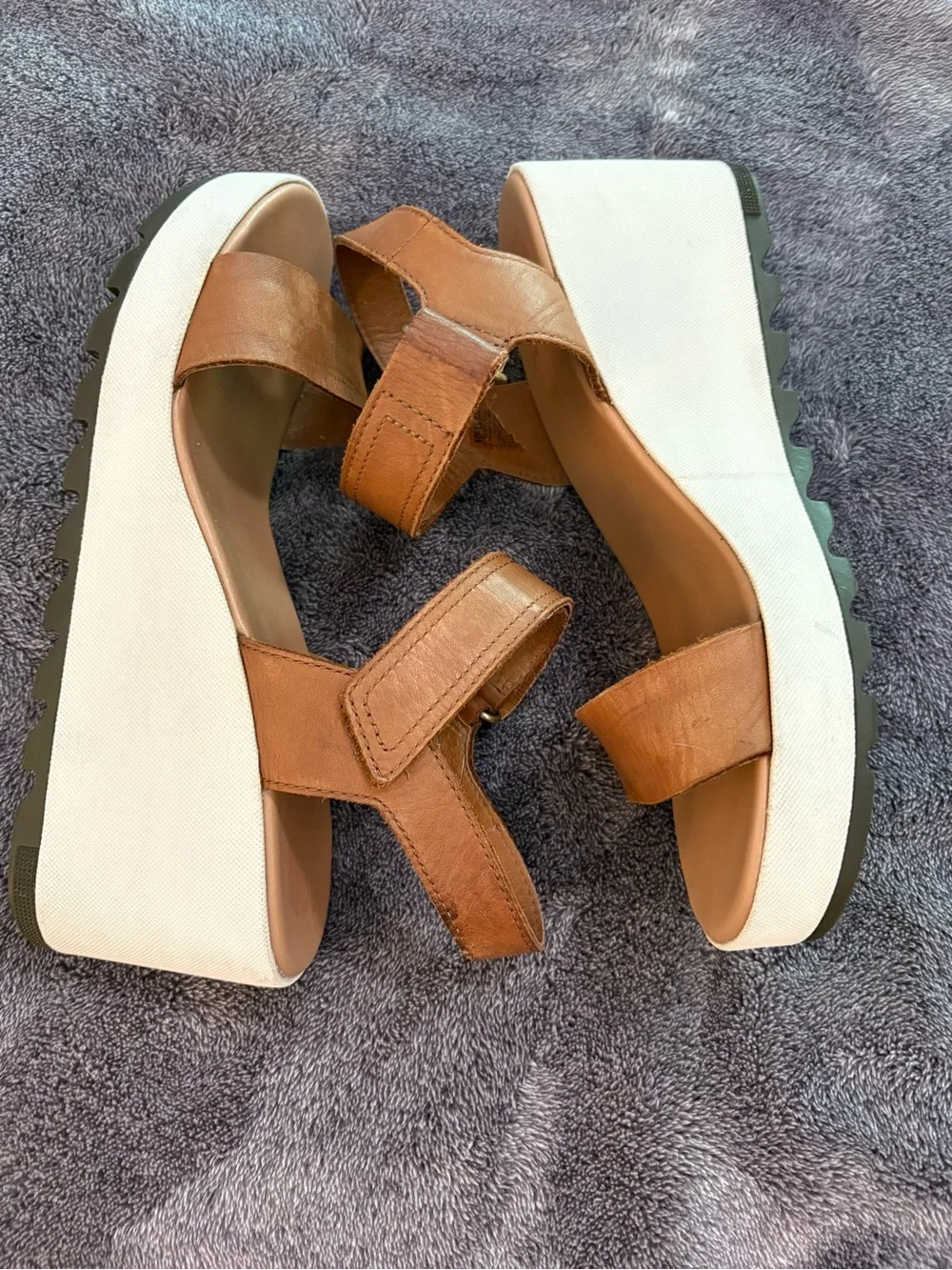 Sorel Cameron White Platform Tan Leather Multi Strap Wedge Sandals sz 8.5